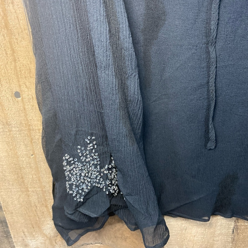 Anne Carson Black Silk Sheer Black Beaded Long Sleeve Blouse W/ Lining Size 1X - Picture 2 of 11